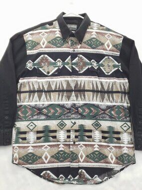 Vintage Roughrider by Circle T Shirt Mens Large Black White Southwest Button-Up
